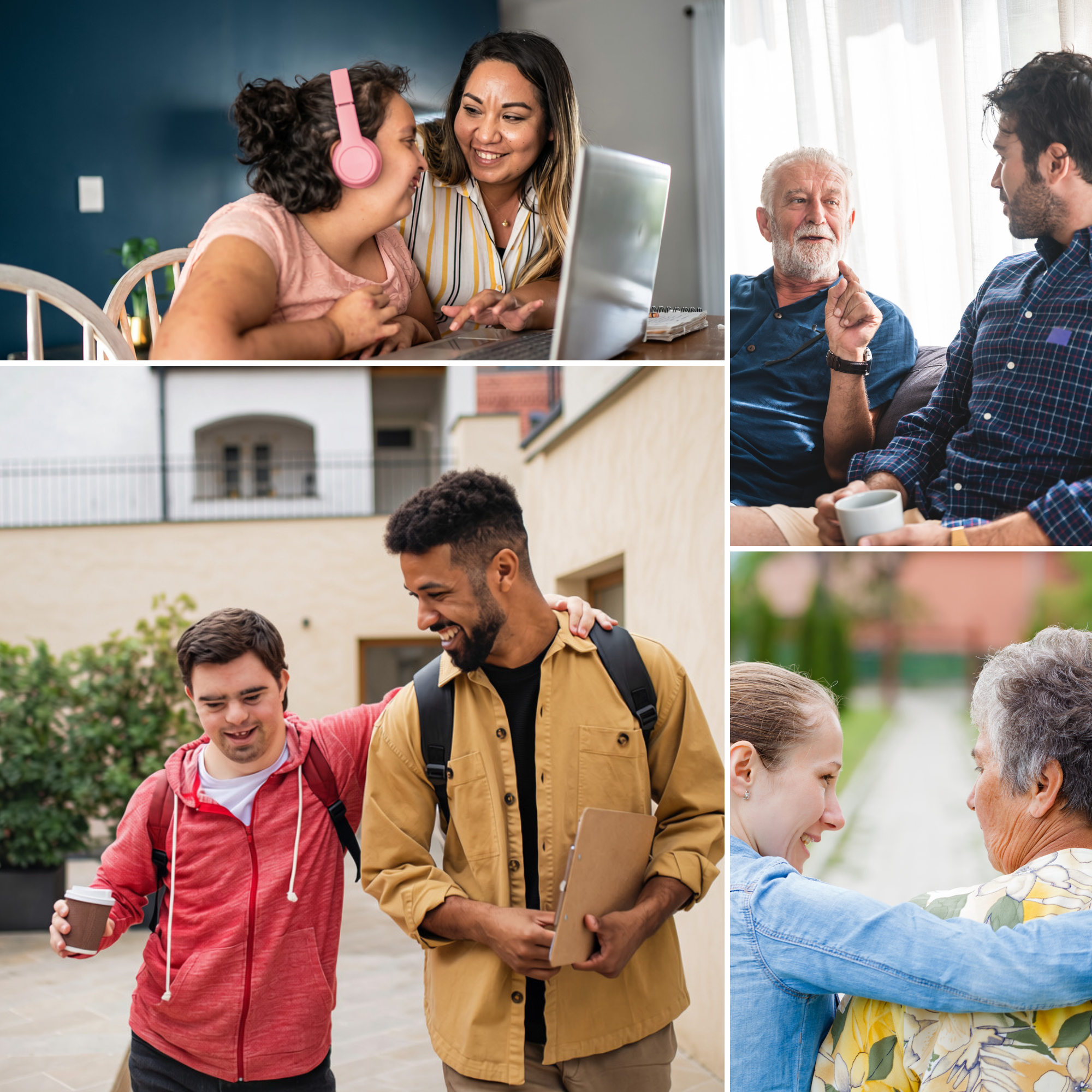 A collage of people with and without disabilities spending time together. The images include a young woman using headphones with a woman at a laptop, two men talking, a young man with Down syndrome walking with a man and an older woman with a younger woman