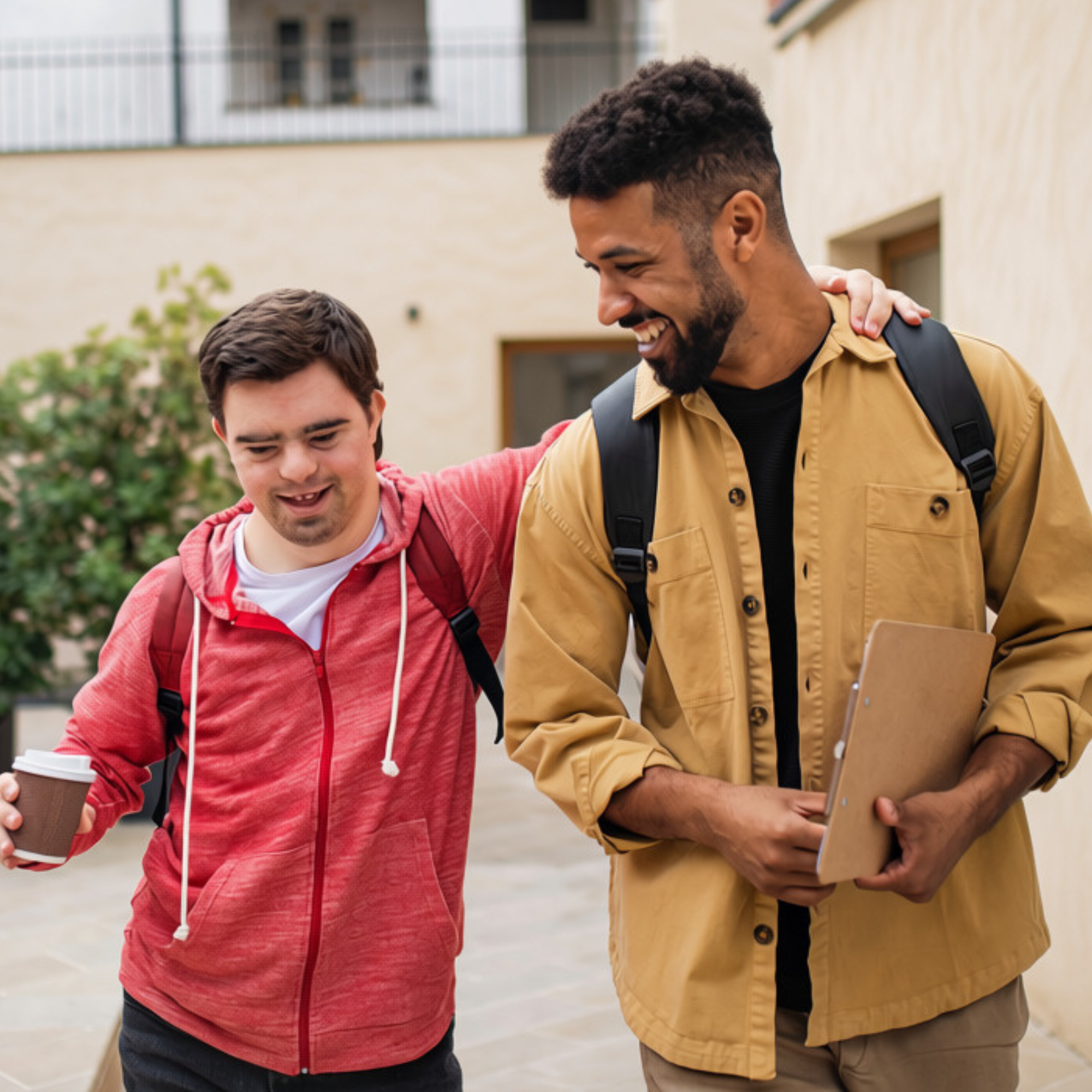 Man with down syndrome walking and talking with a friend