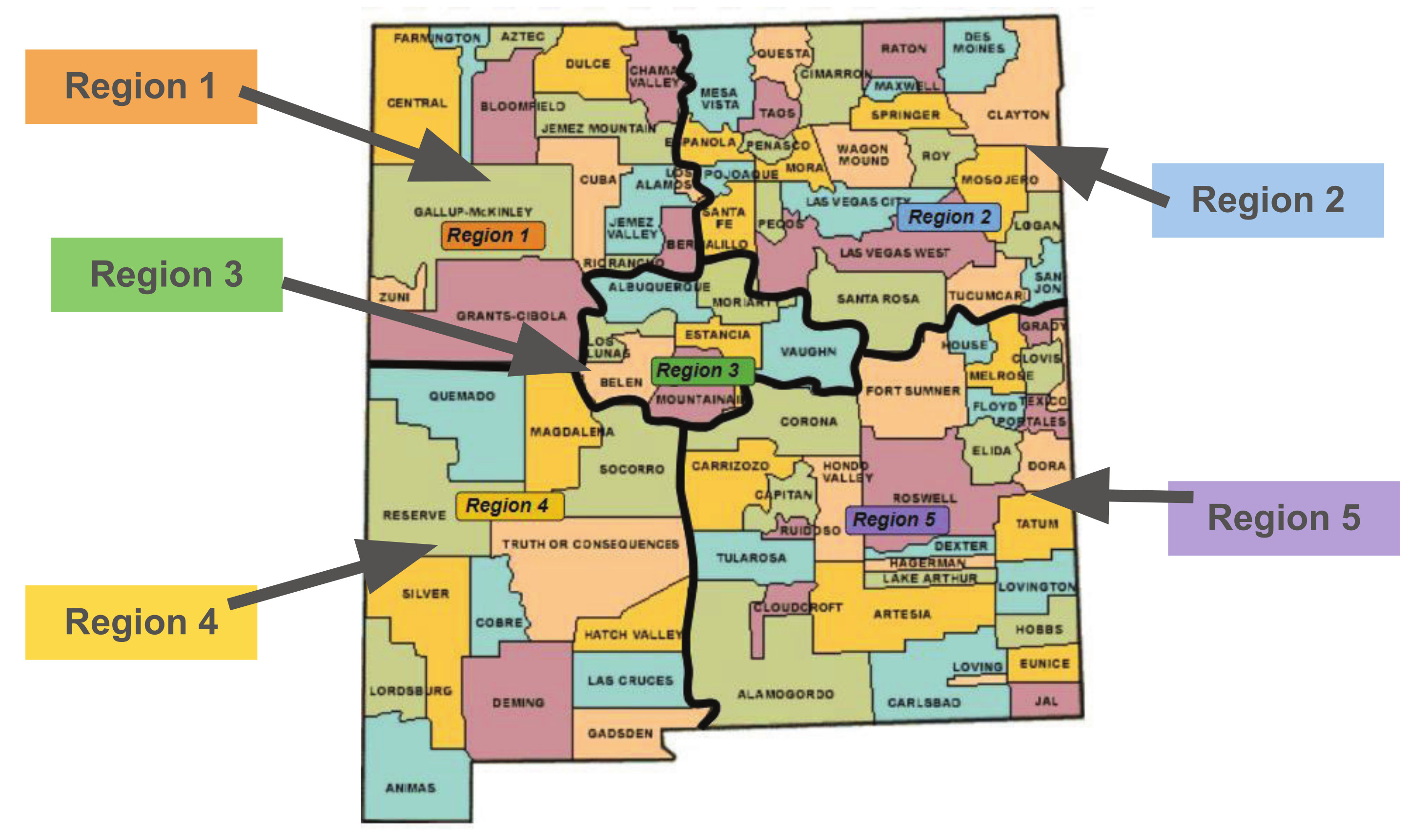 Cities Within the Five Regions Covered by NMDDC Office of the Special Education Ombuds Map